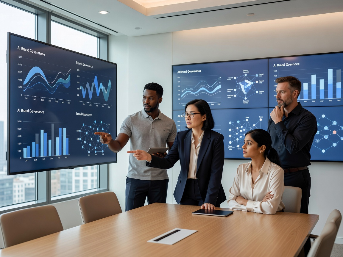 Design team analyzing corporate AI brand governance dashboards